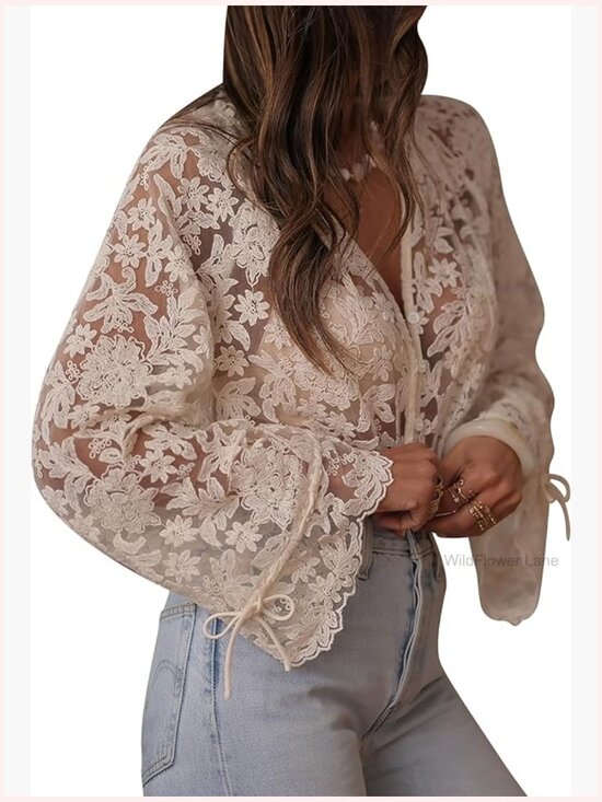 Tops - Women's Sheer Lace Bell Sleeve Button Down Blouse Boho Floral Embroidery Mesh